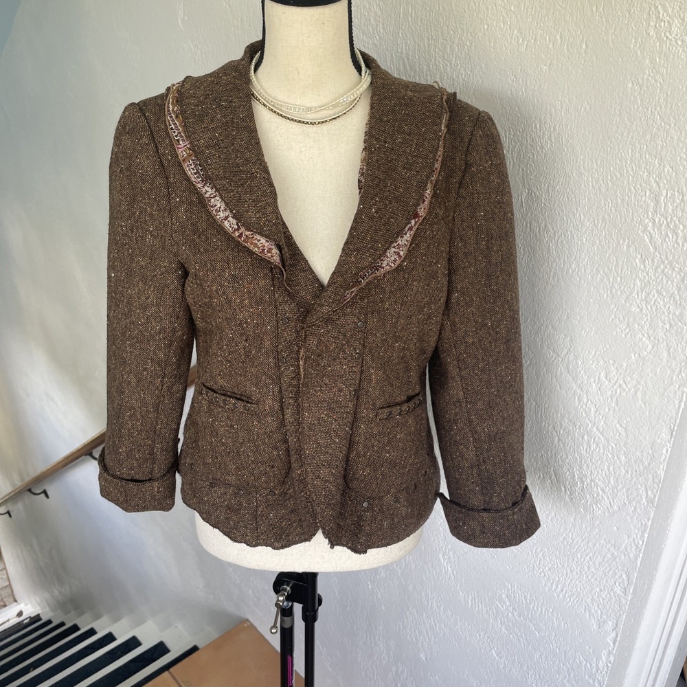 COLDWATER CREEK Womens Brown Tweed Wool Blend Ruffle Collar Short Jacket Sz 8